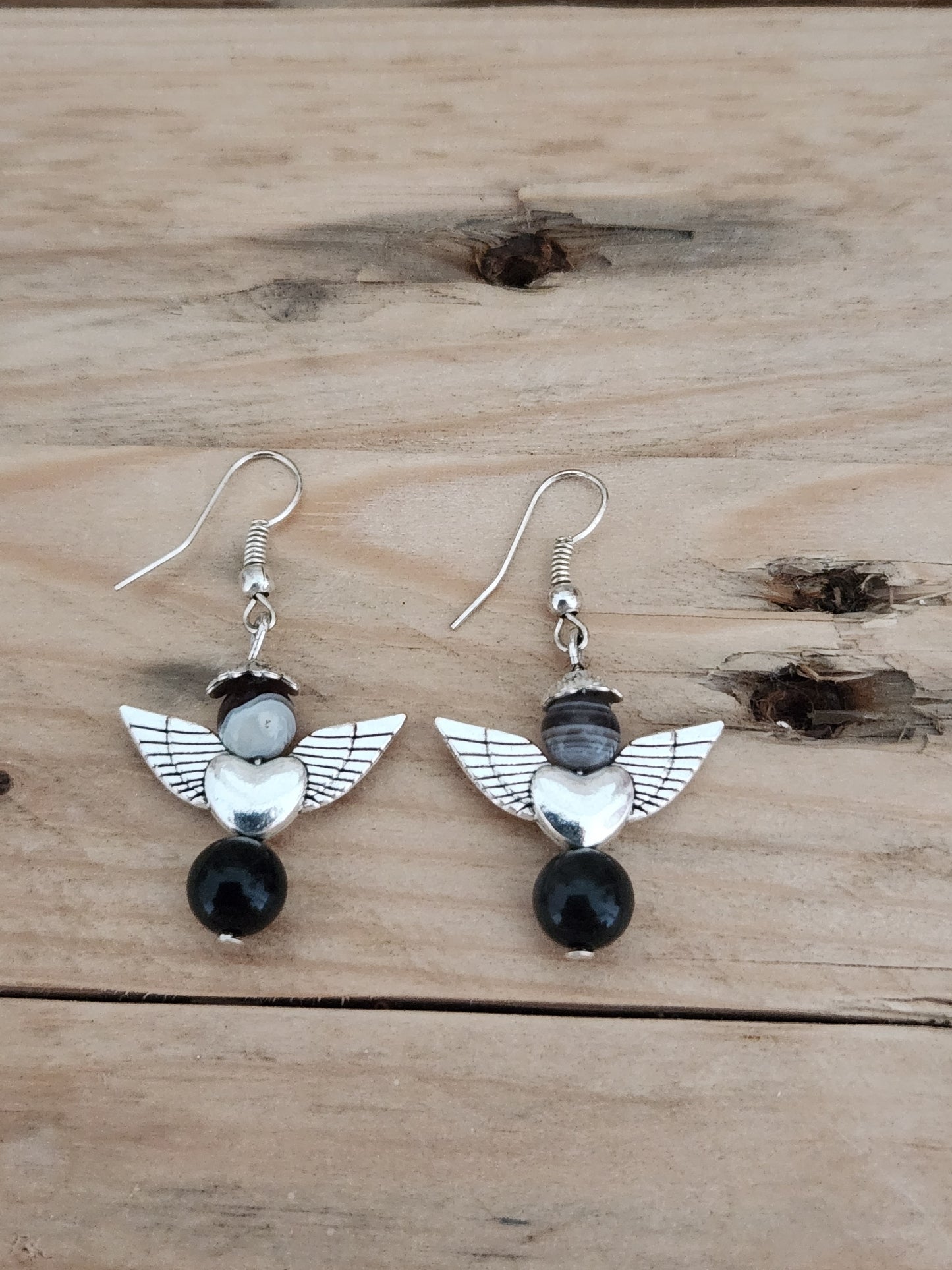 Boucles d'oreilles - Anges Agate botswana/Obsidienne dorée