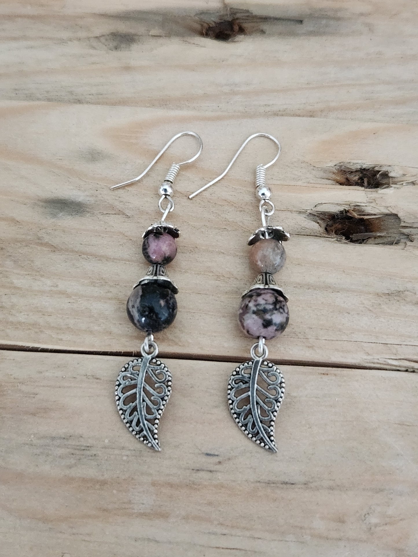 Boucles d'oreilles - Feuilles Rhodonite