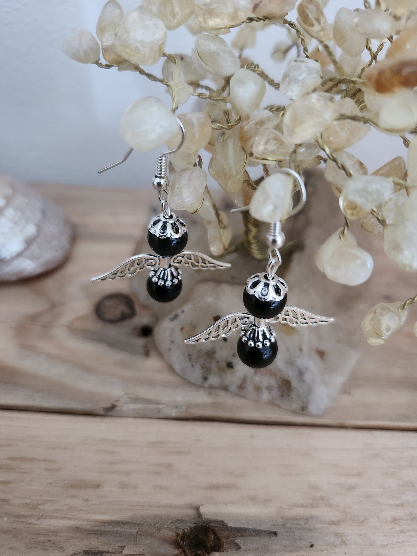 Boucles d'oreilles - Anges Obsidienne Dorée