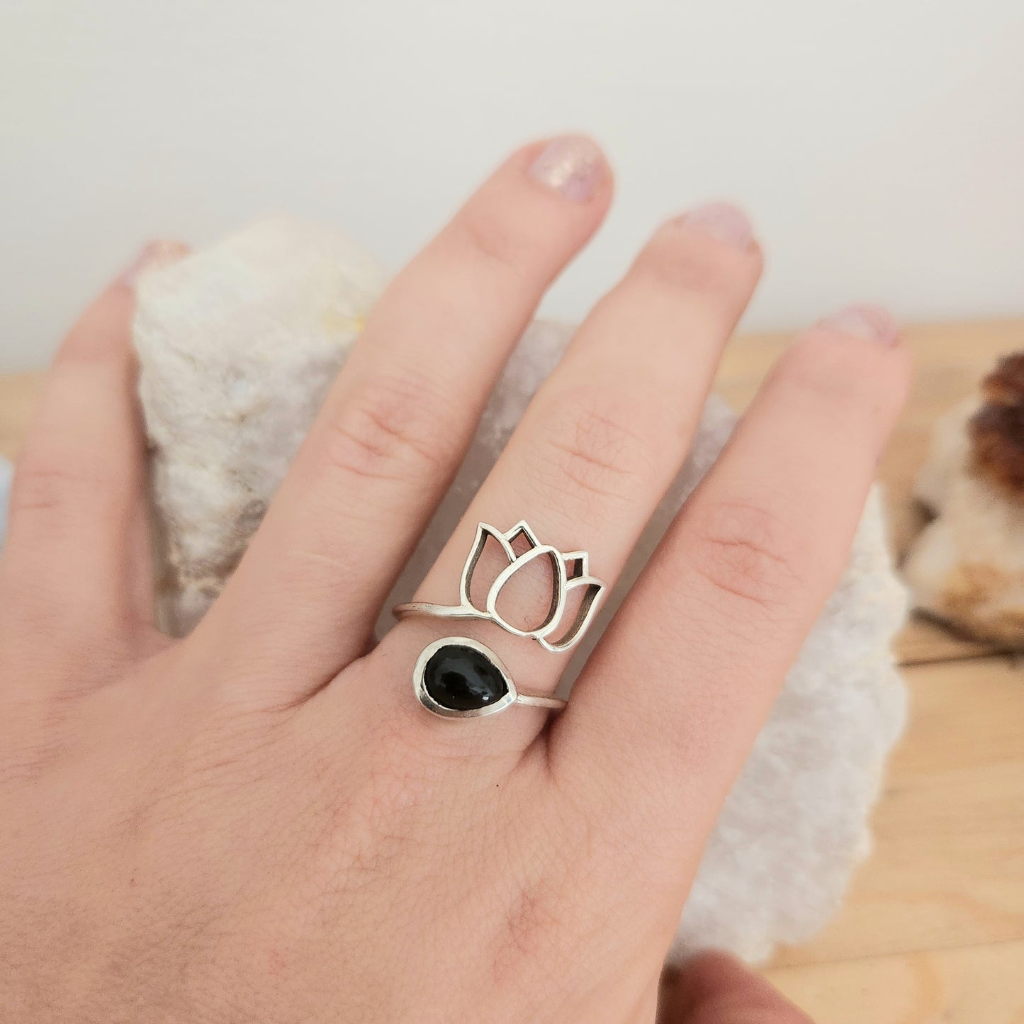 Bague Fleur de lotus Obsidienne Noire - Argent 925 Réglable