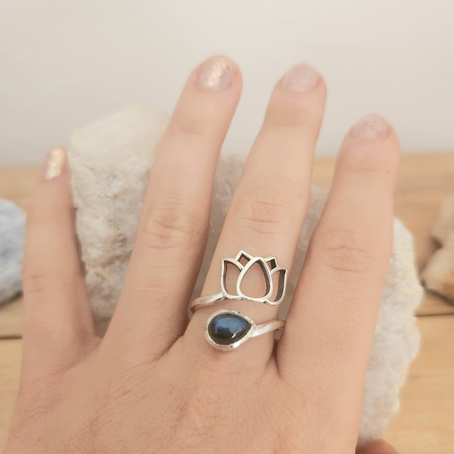 Bague Fleur de lotus Labradorite - Argent 925 Réglable