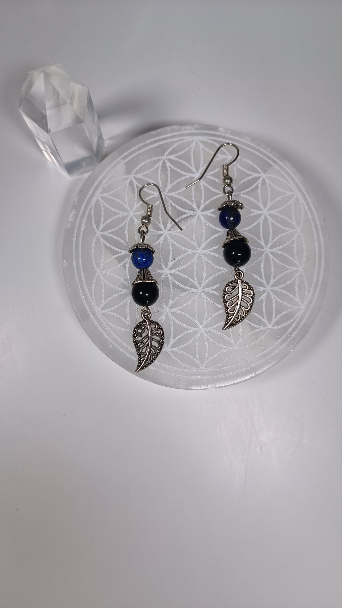 Boucles d'oreilles - Feuilles Lapis-lazuli/Obsidienne dorée