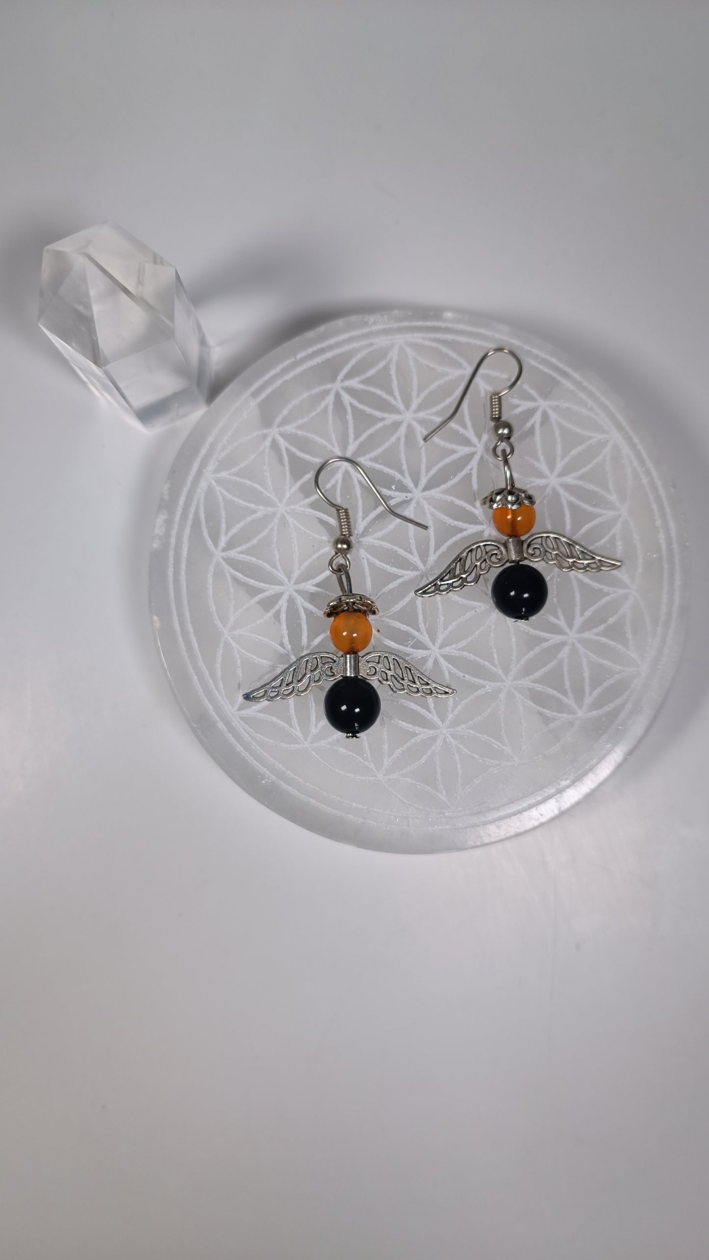 Boucles d'oreilles - Anges Cornaline/Obsidienne dorée