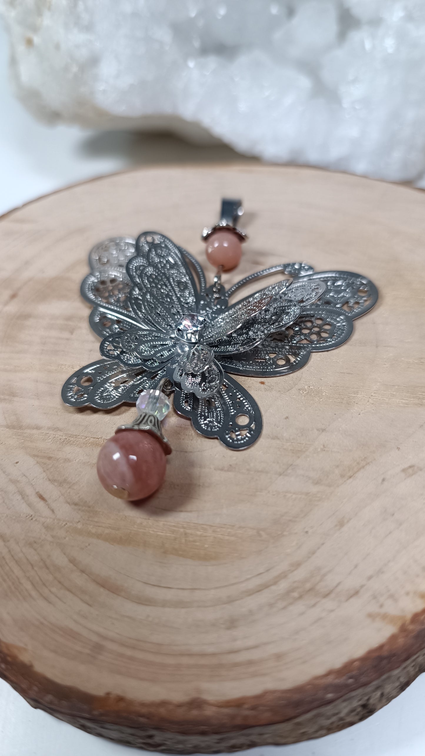 Pendentif Papillon Argenté - Pierre de lune