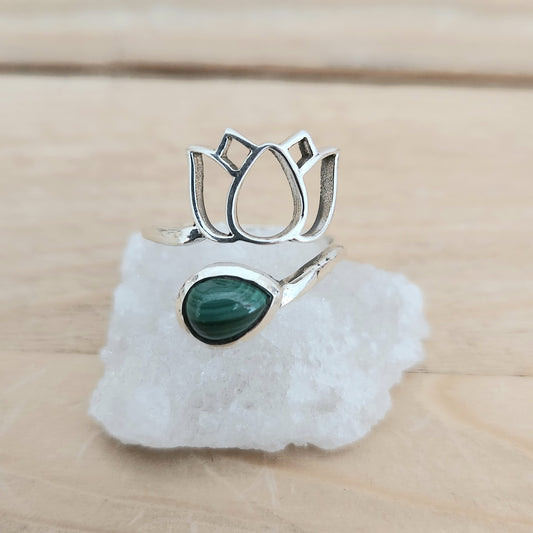 Bague Fleur de lotus Malachite - Argent 925 Réglable