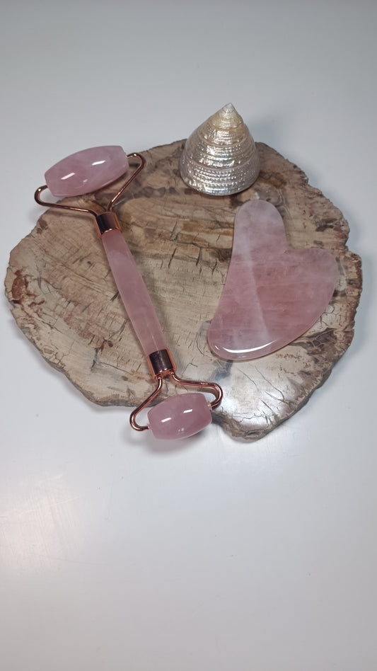 Coffret Gua Sha & Rouleau massage Quartz Rose