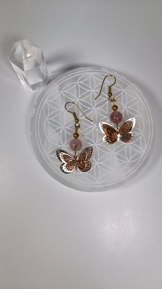 Boucles d'oreilles papillons - Quartz Fraise