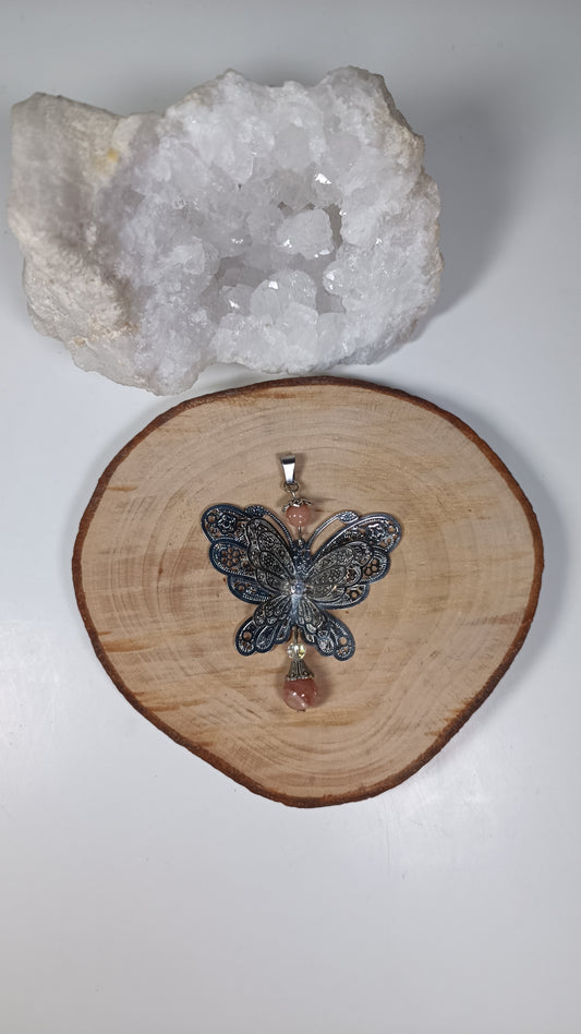 Pendentif Papillon Argenté - Pierre de lune