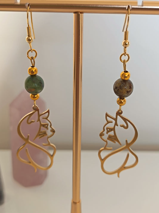 Boucles d'oreilles chats - Opale Verte Fossilisée